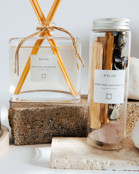 B'alam's Spectral Awakening set, complete with a candle, diffuser and Palo Santo.